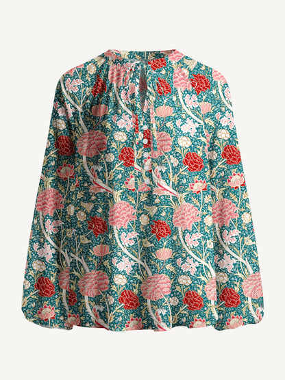Vintage Peony Lotus Floral Print Boho Long Sleeve Tie‑Neck Blouse