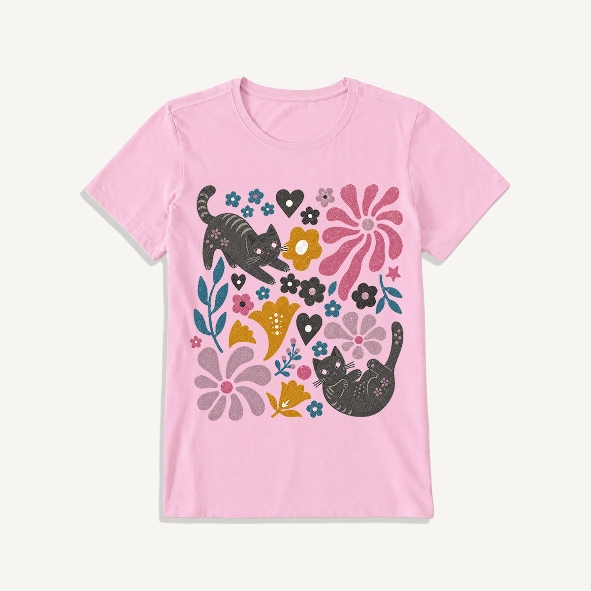 Floral Kitty Days Print Crew Neck Cotton Tee