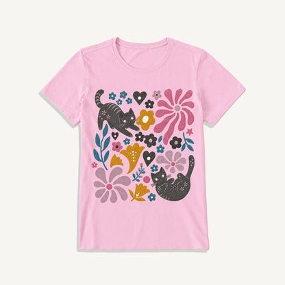 Floral Kitty Days Print Crew Neck Cotton Tee