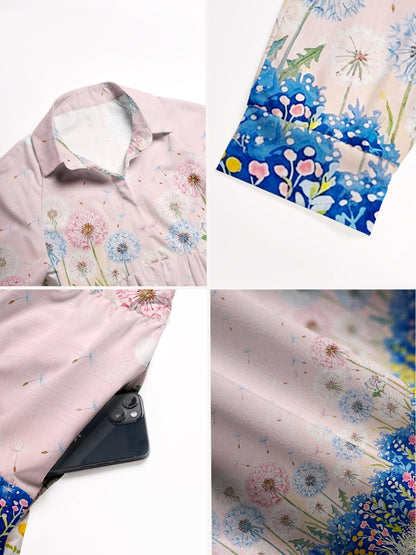 V Neck Collared Moonlit Dandelion Garden Print Casual Midi Dress With Pockets