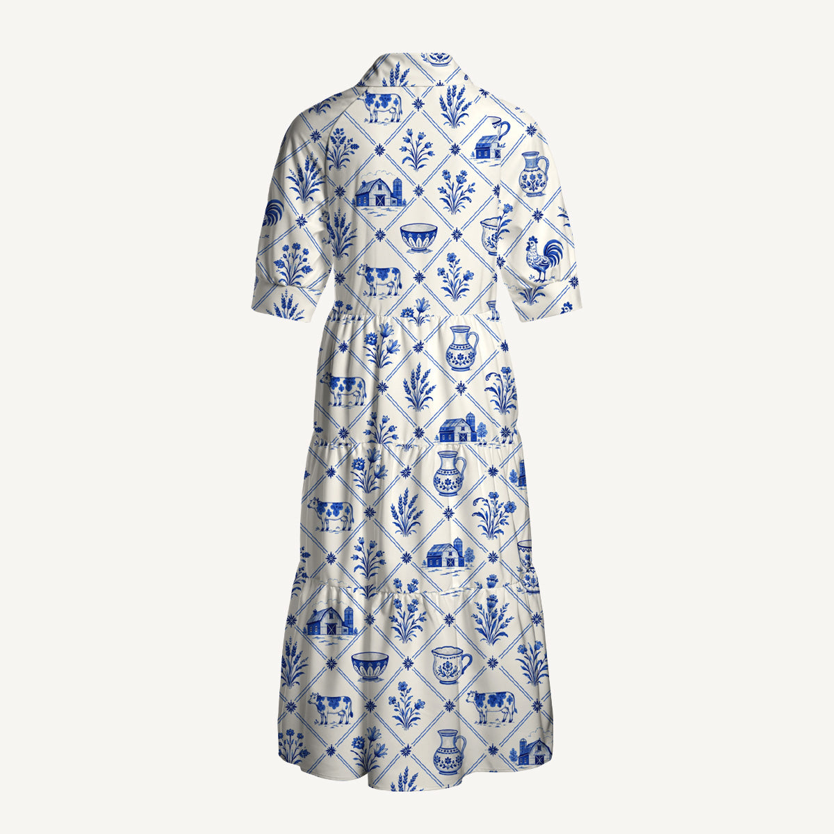 V Neck Collared Country Delft Blue Patchwork Print Casual Midi Dress With Pockets