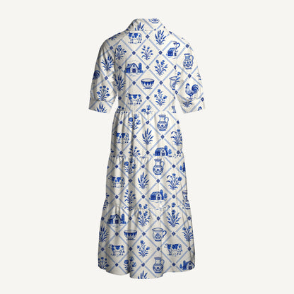 V Neck Collared Country Delft Blue Patchwork Print Casual Midi Dress With Pockets