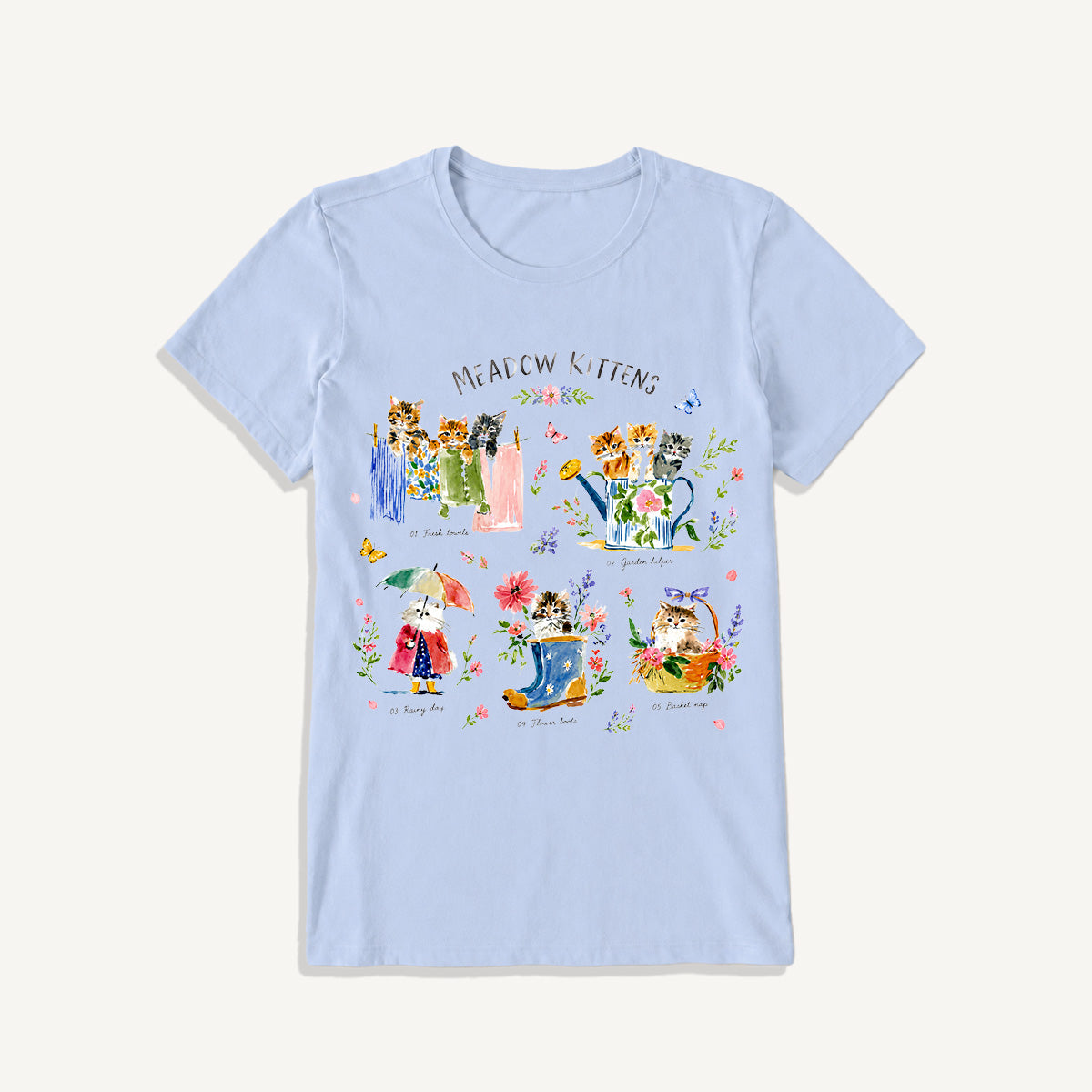 Watercolor Meadow Kittens Guide Print Crew Neck Cotton Tee