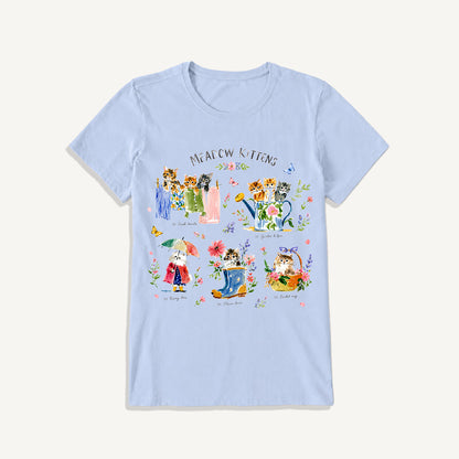 Watercolor Meadow Kittens Guide Print Crew Neck Cotton Tee