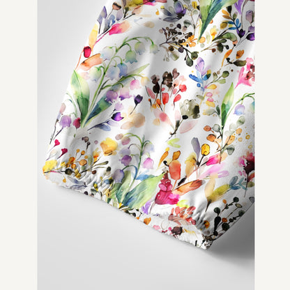 Watercolor Wildflower Garden Print Boho Tie‑Neck Smock Mini Dress