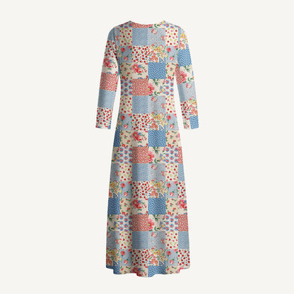 Pastel Patc Print Soft-Touch Stretch Knit Long Sleeve Maxi Dress with Pockets