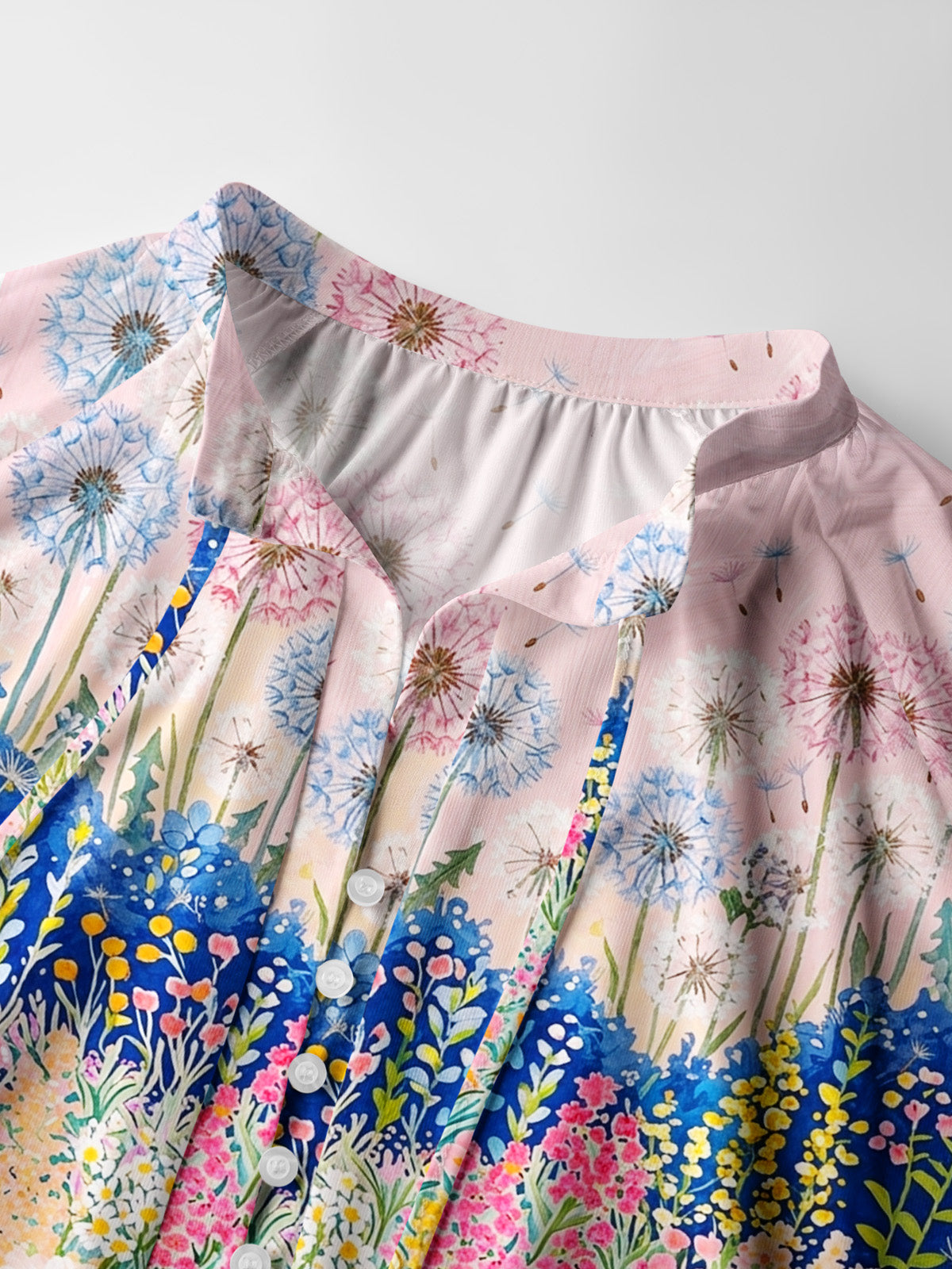 Moonlit Dandelion Garden Print Boho Long Sleeve Tie‑Neck Blouse