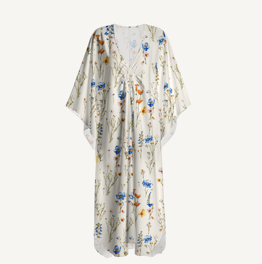 V‑Neck Wild Bloom Kimono Sleeve Kaftan Dress