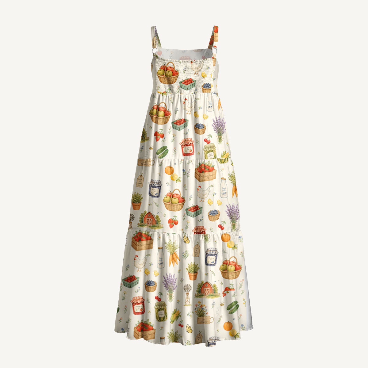 Farmhouse Harvest Market Print Wide Straps Maxi Dress With Pockets