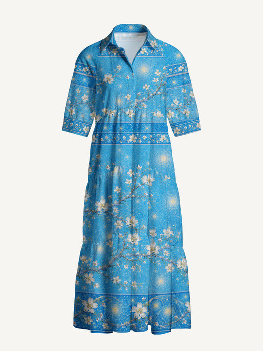 V Neck Collared Night Garden Starry Print Casual Midi Dress With Pockets