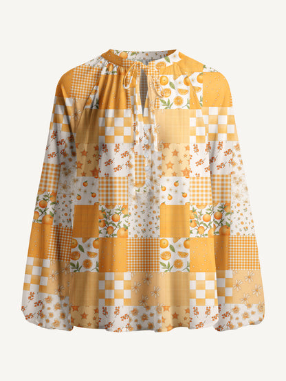 Lemon Sunshine Patchwork Print Boho Long Sleeve Tie‑Neck Blouse