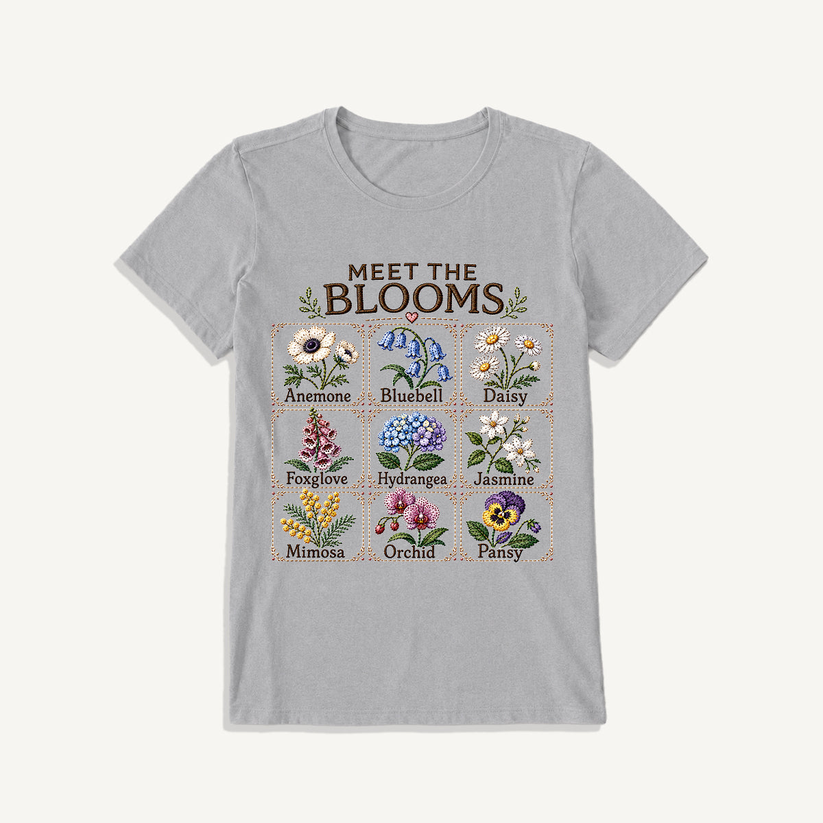 Meet the Blooms Embroidery Chart Print Crew Neck Cotton Tee