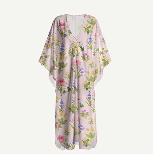 V‑Neck Delicate Blossom Kimono Sleeve Kaftan Dress