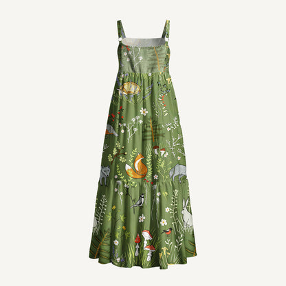 Whimsical Woodland Animals Print Wide Straps Maxi Dress With Pockets