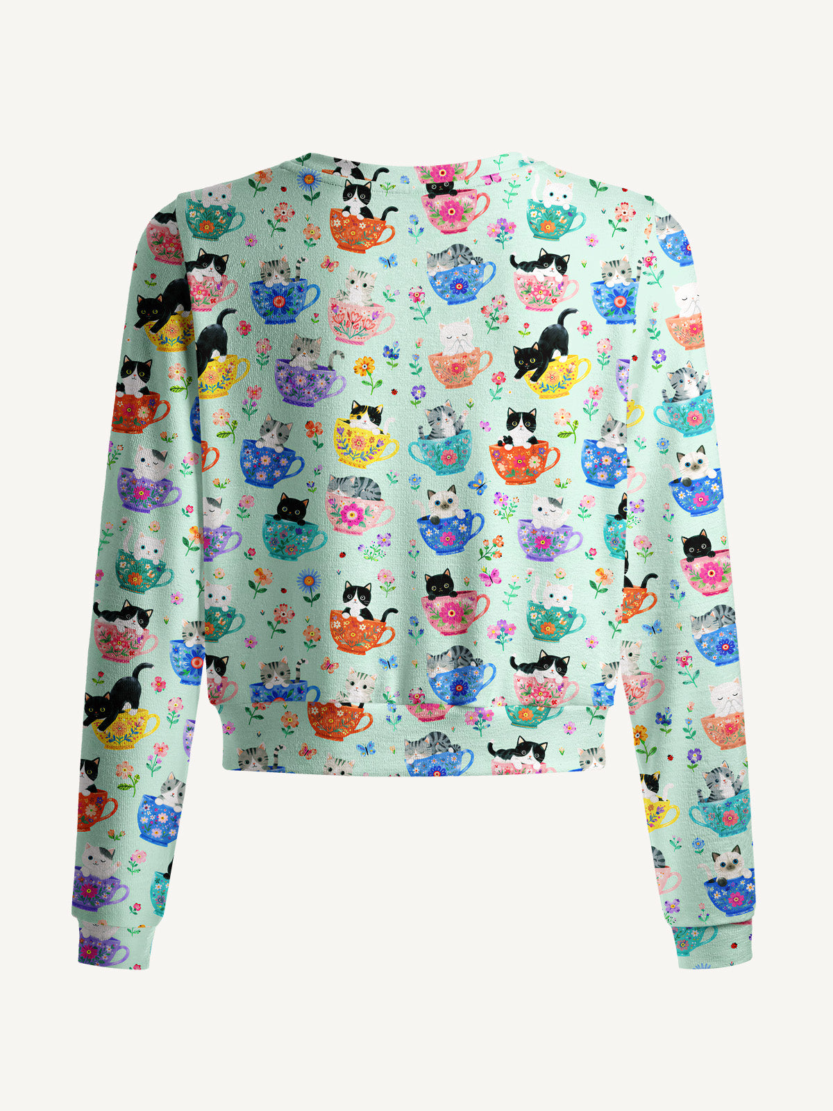 Lightweight Crew Neck Long‑Sleeve Cropped Cute Teacup Kitten Print Fine‑Knit Cardigan
