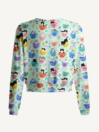 Lightweight Crew Neck Long‑Sleeve Cropped Cute Teacup Kitten Print Fine‑Knit Cardigan