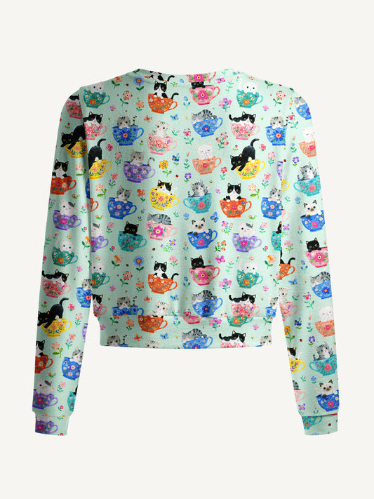Lightweight Crew Neck Long‑Sleeve Cropped Cute Teacup Kitten Print Fine‑Knit Cardigan