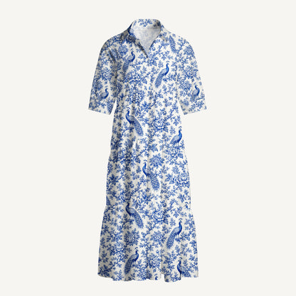 V Neck Collared Blue Chinoiserie Peacock and Bloom Toile Print Casual Midi Dress With Pockets