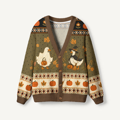 Witchy Goose Halloween Print Ugly Cardigan Sweaters