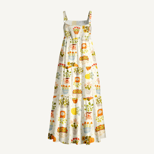 Vintage Flower Pot Gallery Print Wide Straps Maxi Dress With Pockets