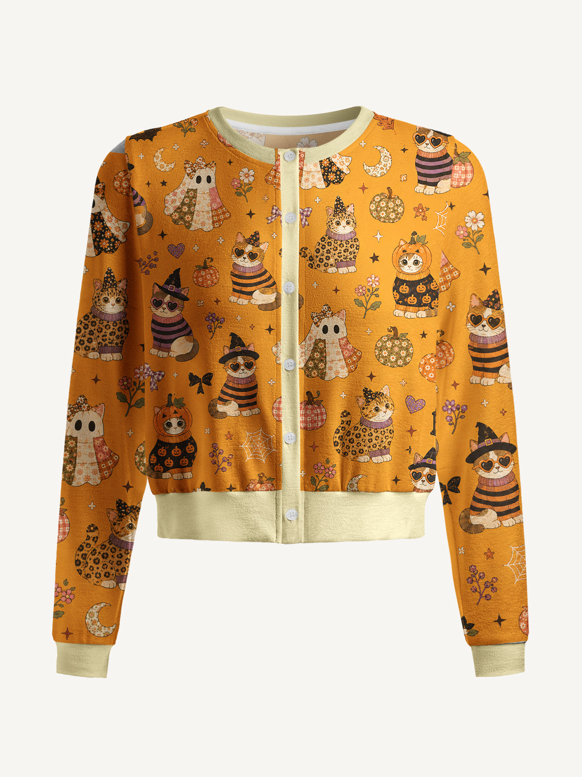 Lightweight Crew Neck Long‑Sleeve Cropped Spooky Retro Kittens Print Fine‑Knit Cardigan