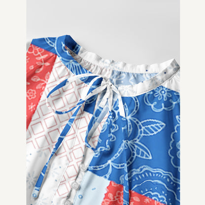 Patriotic Patchwork Print Boho Long Sleeve Tie‑Neck Smock Mini Dress