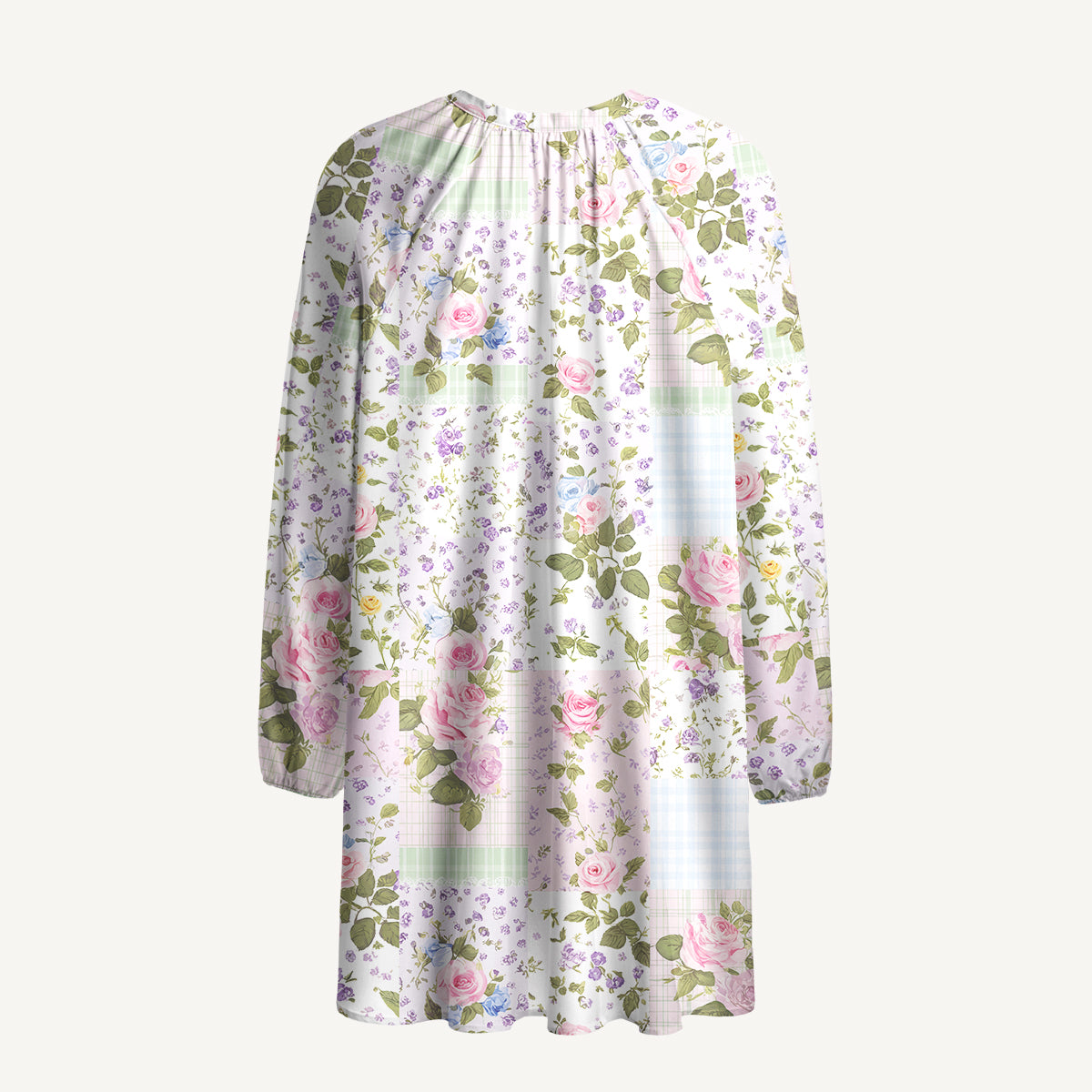 Pastel Rose Print Boho Long Sleeve Tie‑Neck Smock Mini Dress