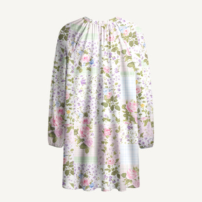Pastel Rose Print Boho Long Sleeve Tie‑Neck Smock Mini Dress