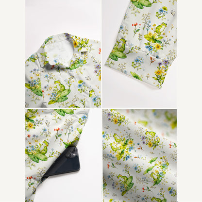 V Neck Collared Pond Frog Garden Print Casual Midi Dress With Pockets
