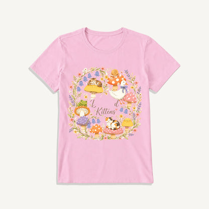 Botanical Kittens Mushroom Wreath Print Crew Neck Cotton Tee