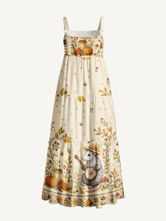 Autumn Possum Banjo Print Wide Straps Maxi Dress With Pockets