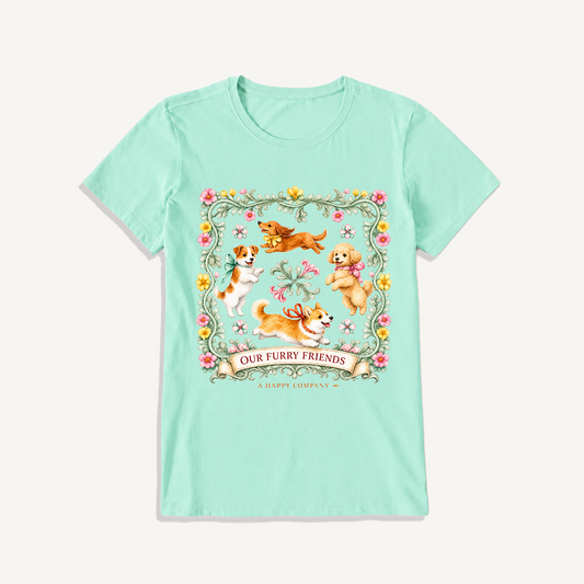 Playful Furry Friends Print Crew Neck Cotton Tee