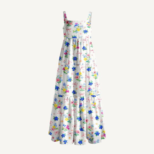 Blueberry Blossom Garden Print Wide Straps Maxi Dress With Pockets