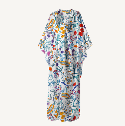 V‑Neck Fiery Meadow Kimono Sleeve Kaftan Dress