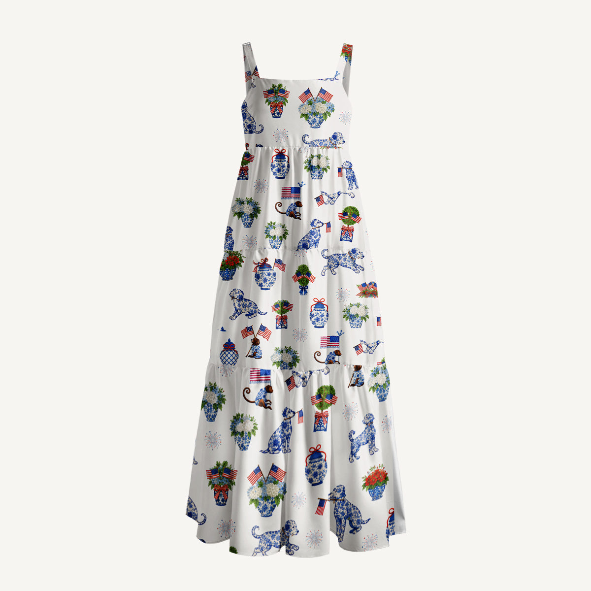 Patriotic Pups & Porcelain Print Wide Straps Maxi Dress With Pockets