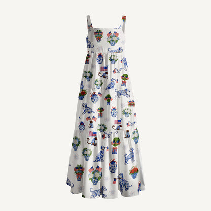 Patriotic Pups & Porcelain Print Wide Straps Maxi Dress With Pockets