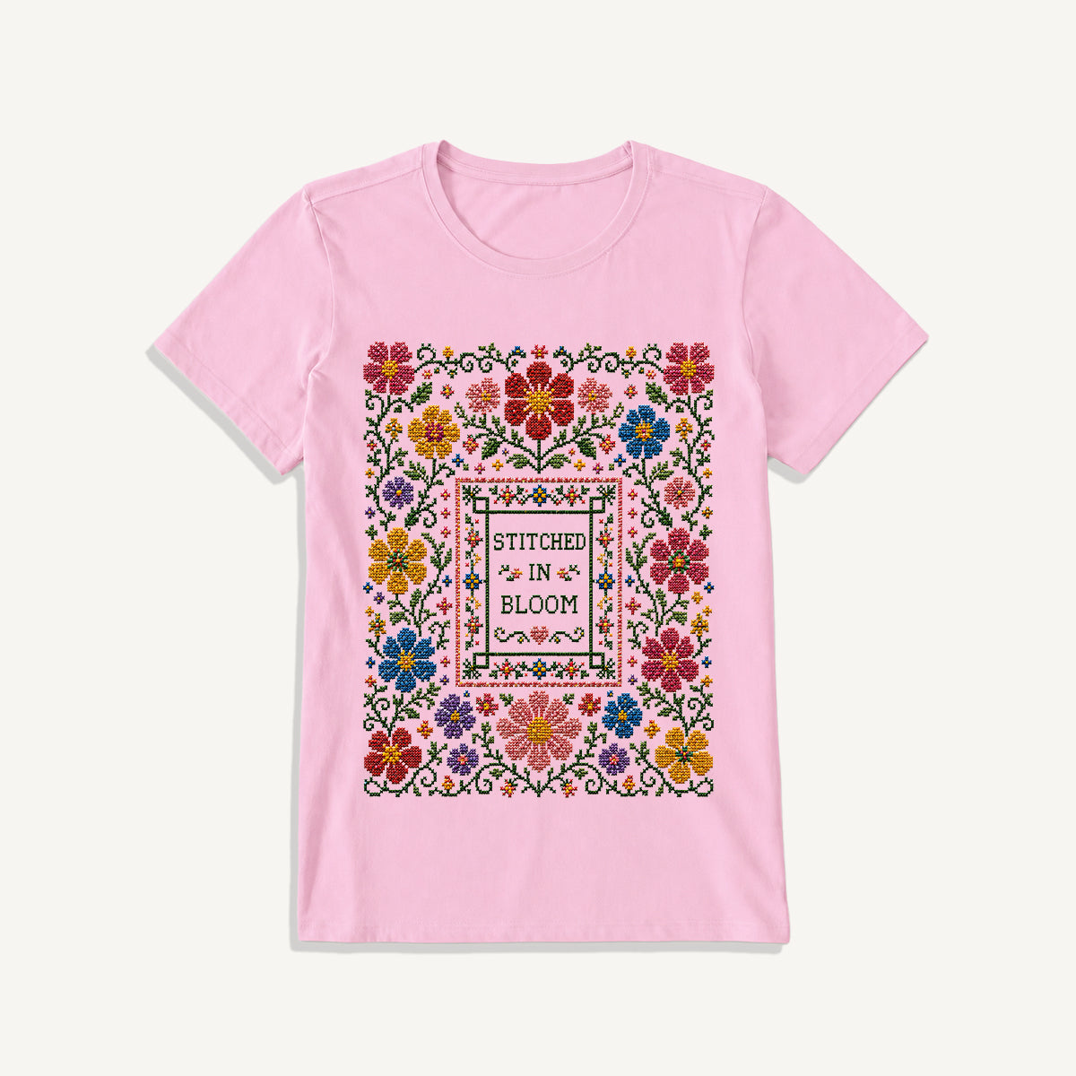 Blooming Folk Floral Cross-Stitch Print Crew Neck Cotton Tee