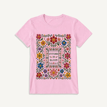 Blooming Folk Floral Cross-Stitch Print Crew Neck Cotton Tee