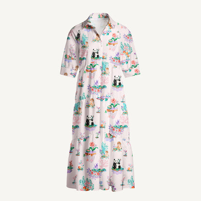 V Neck Collared Panda Garden Print Casual Midi Dress With Pockets