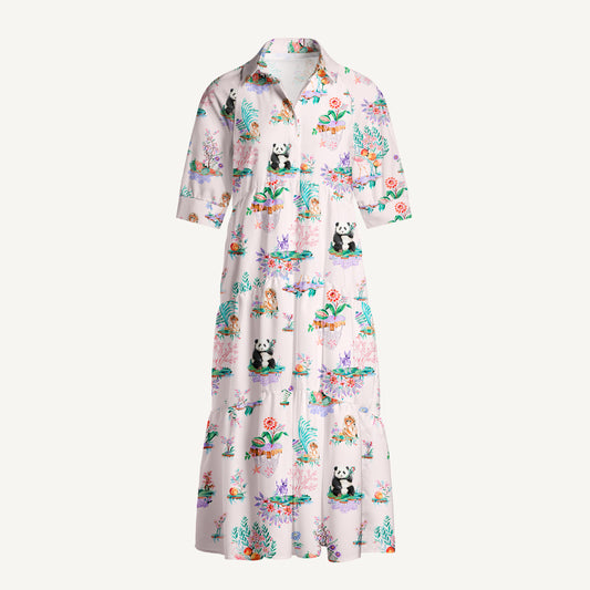 V Neck Collared Panda Garden Print Casual Midi Dress With Pockets