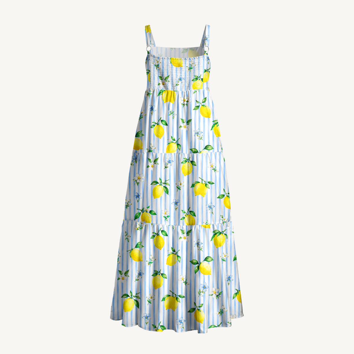 Summer Lemon Print Wide Straps Maxi Dress With Pockets