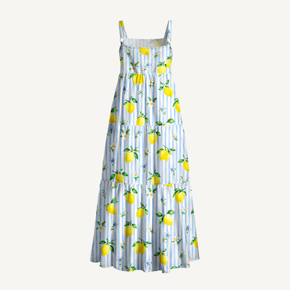 Summer Lemon Print Wide Straps Maxi Dress With Pockets