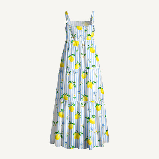 Summer Lemon Print Wide Straps Maxi Dress With Pockets
