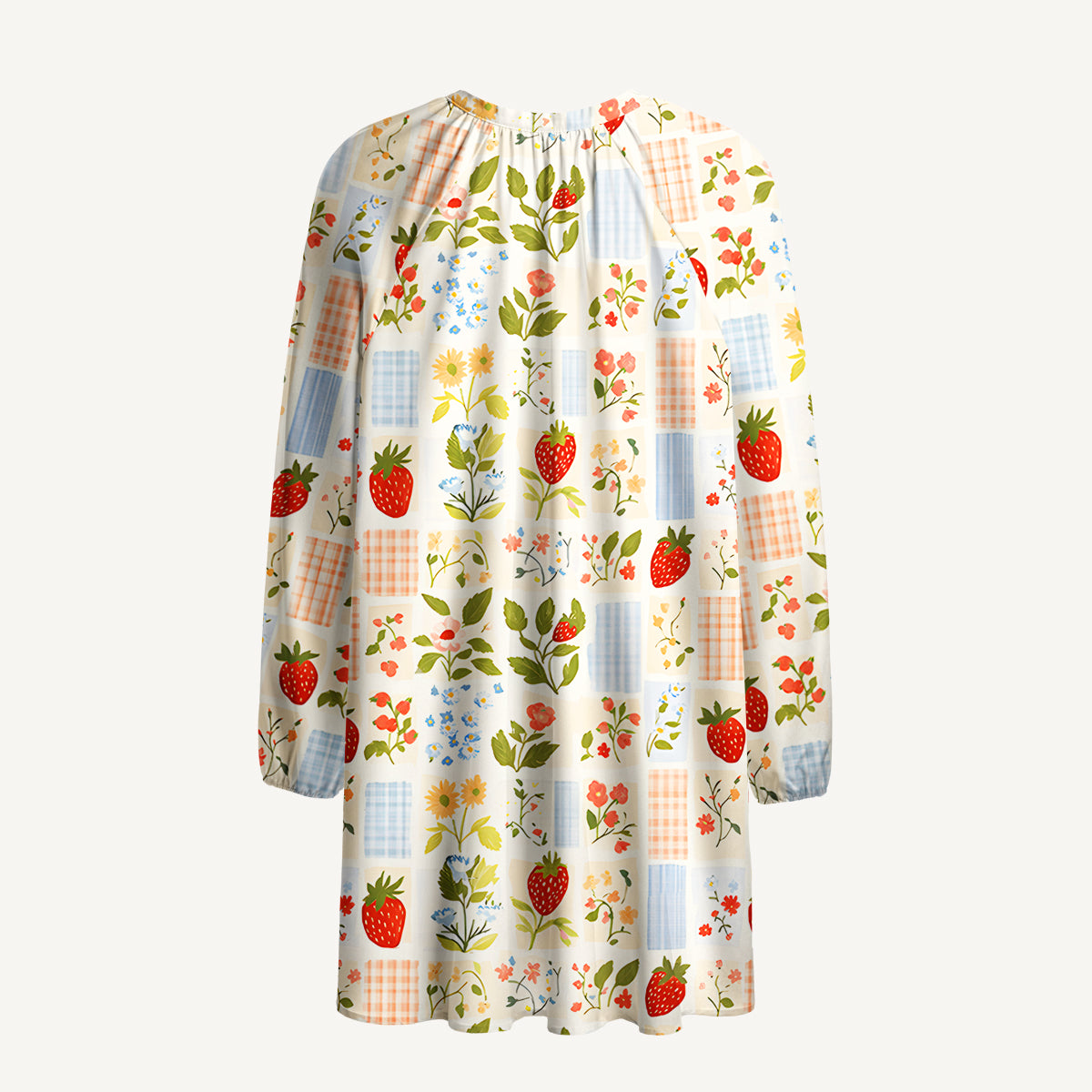 Strawberry Garden Patchwork Print Boho Long Sleeve Tie‑Neck Smock Mini Dress