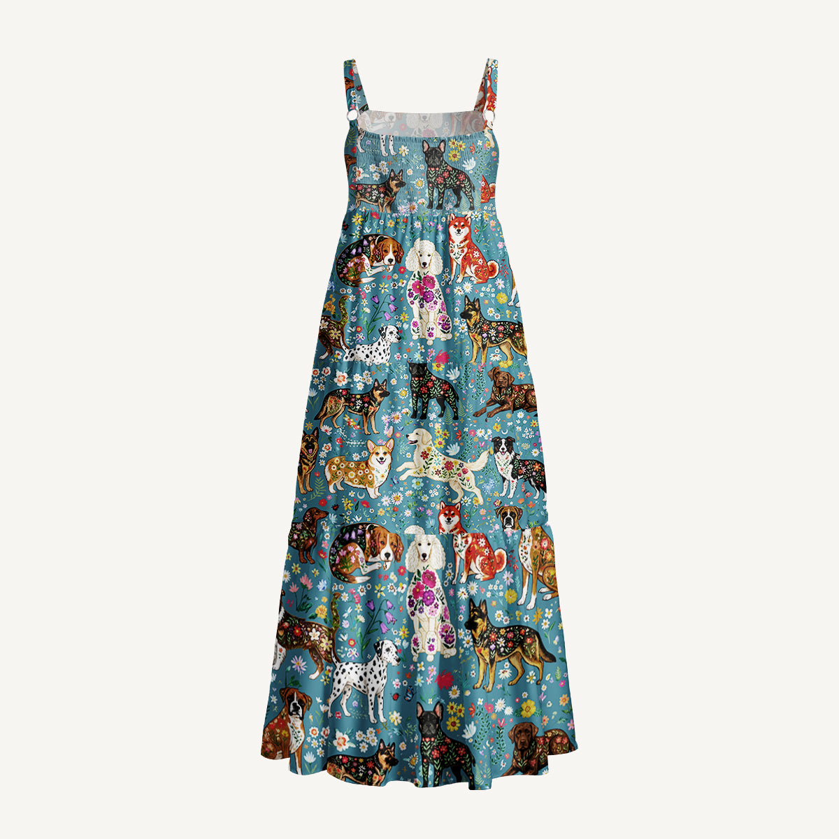 Cute Flower Dog Print Wide Straps Maxi Dress With Pockets