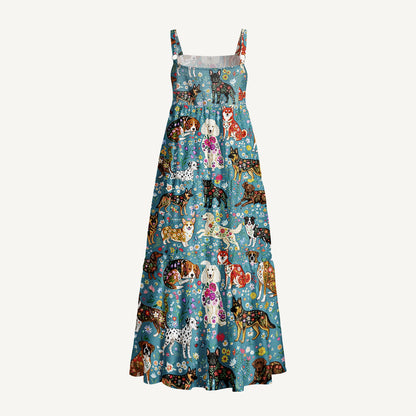 Cute Flower Dog Print Wide Straps Maxi Dress With Pockets