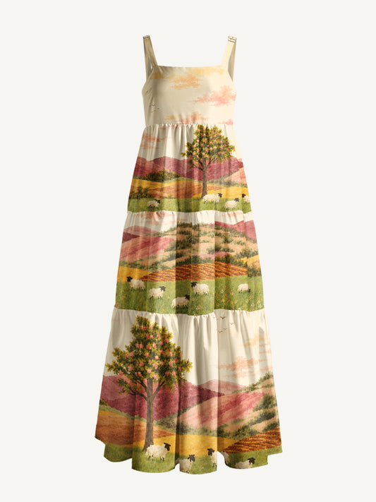 Cottagecore Pastel Hills Print Wide Straps Maxi Dress With Pockets