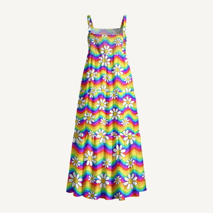 Rainbow Floral Print Wide Straps Maxi Dress With Pockets