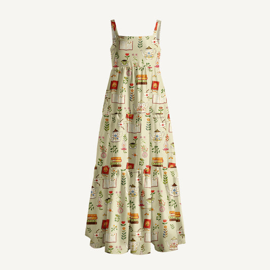 Tea Flowers and Books Print Wide Straps Maxi Dress With Pockets