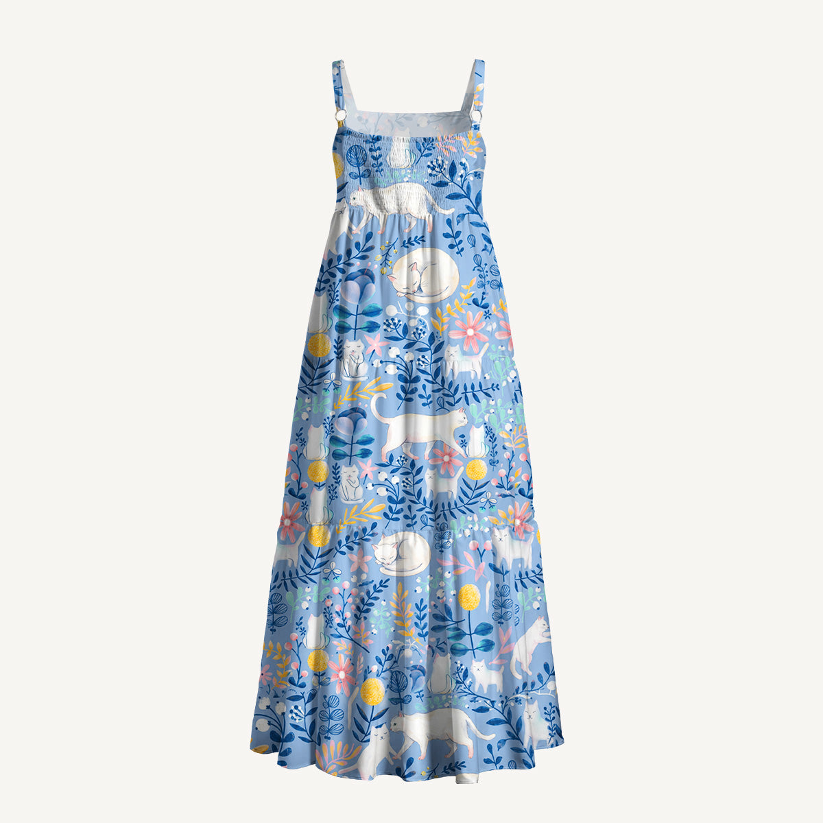 Square Neck Blue Leaf Cat Print Wide Straps Maxi Dress With Pockets